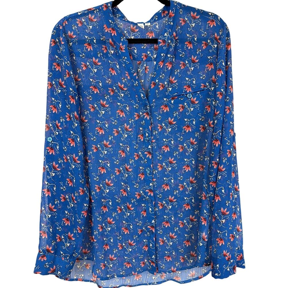 Kut from the Kloth Blue Multicolored Floral High-Low Button Up L